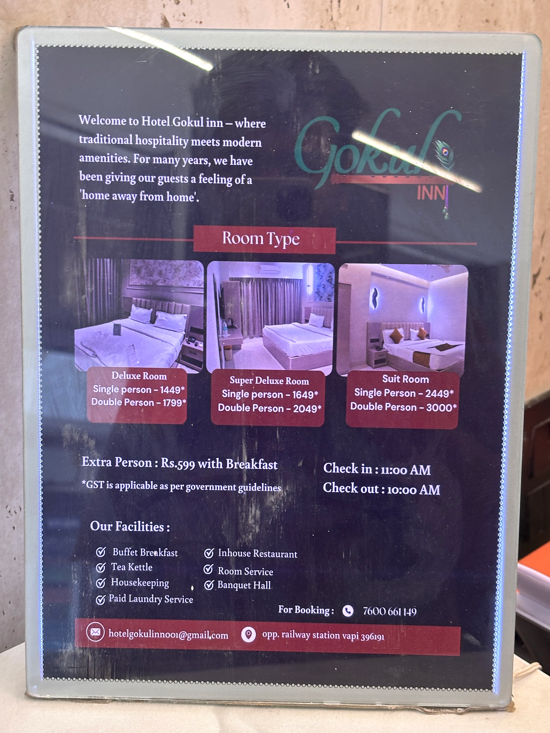 Hotel Gokul Inn room tariff board